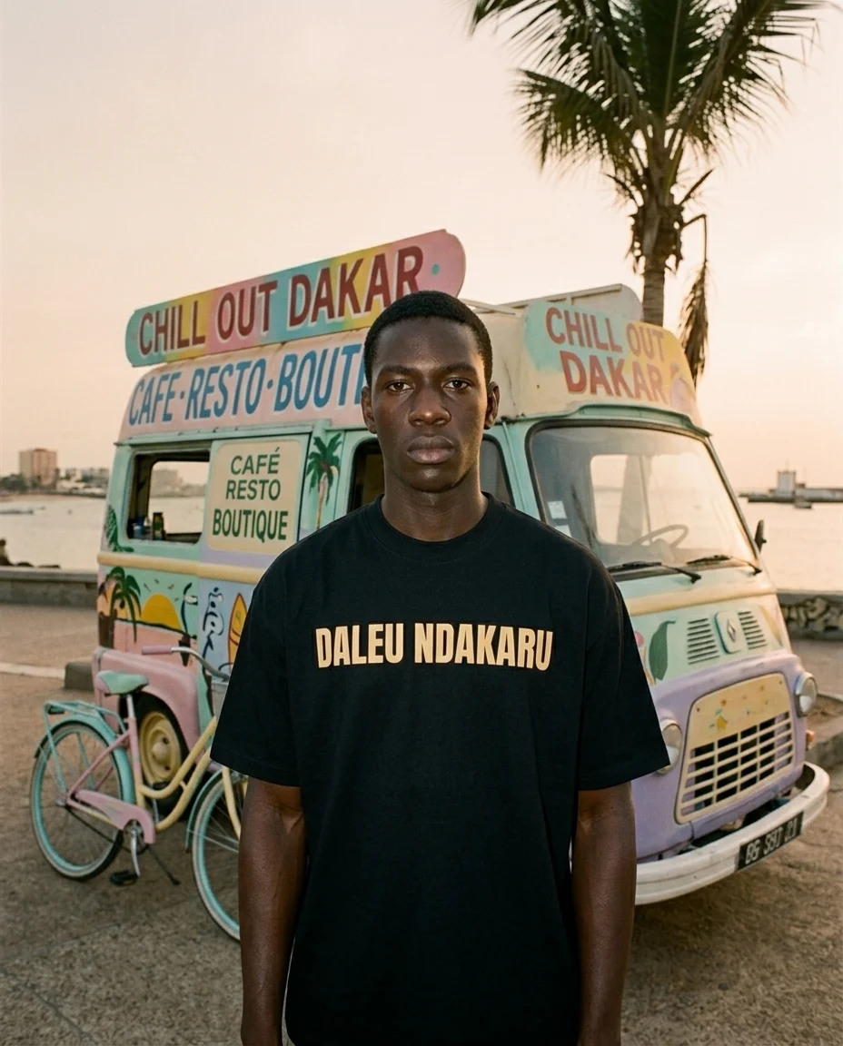 T-shirt DALEU NDAKARU porté devant un car rapide à Ndakaru