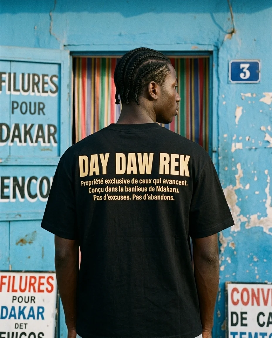 Dos DAY DAW REK porté devant une façade bleue
