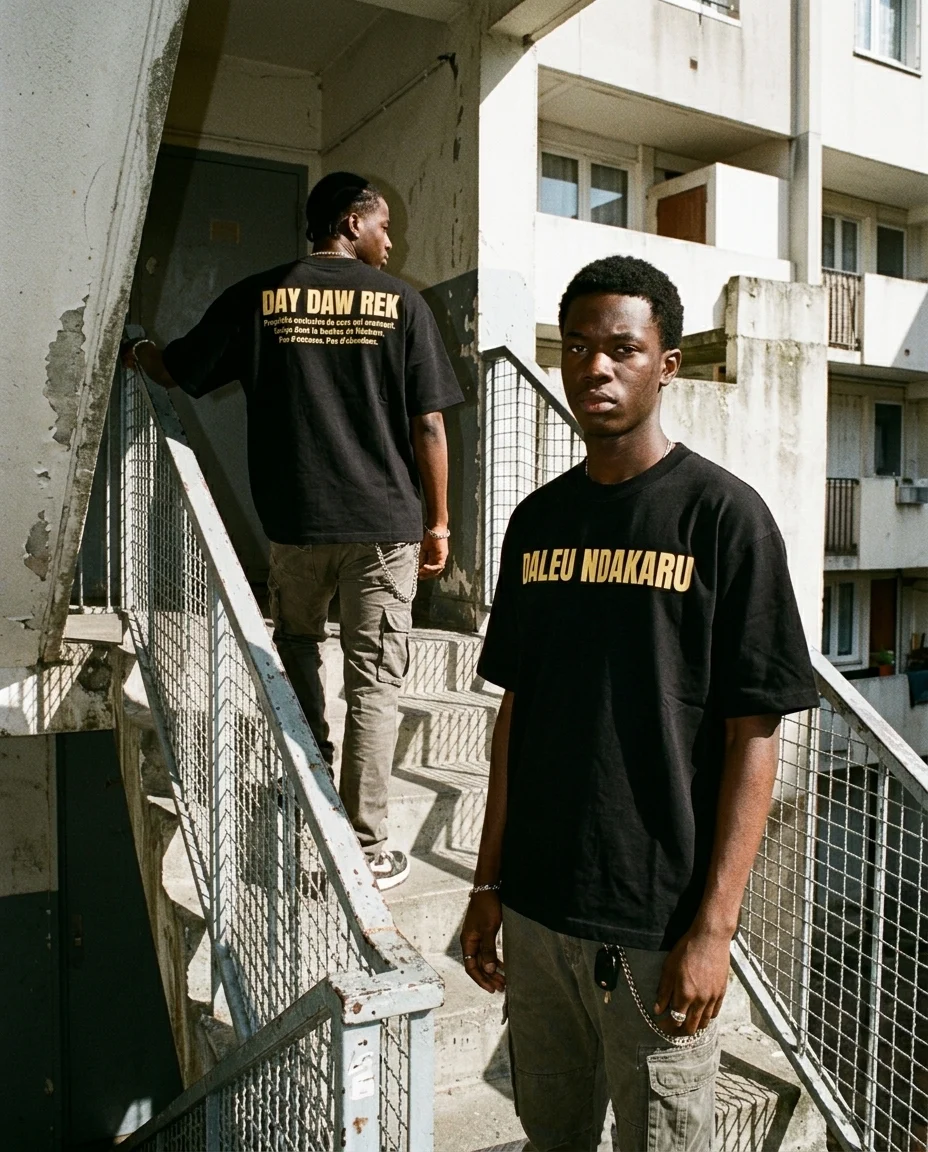 Vues face et dos du T-shirt porté à Ndakaru